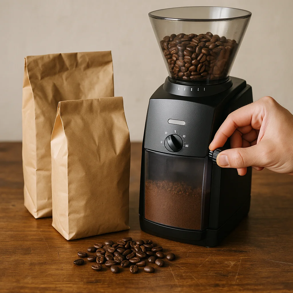 A hand turns the dial on a black burr coffee grinder loaded with whole dark-roast beans, with ground coffee visible in the lower chamber and two plain kraft paper bags of beans sitting on a wooden surface beside scattered loose coffee beans.