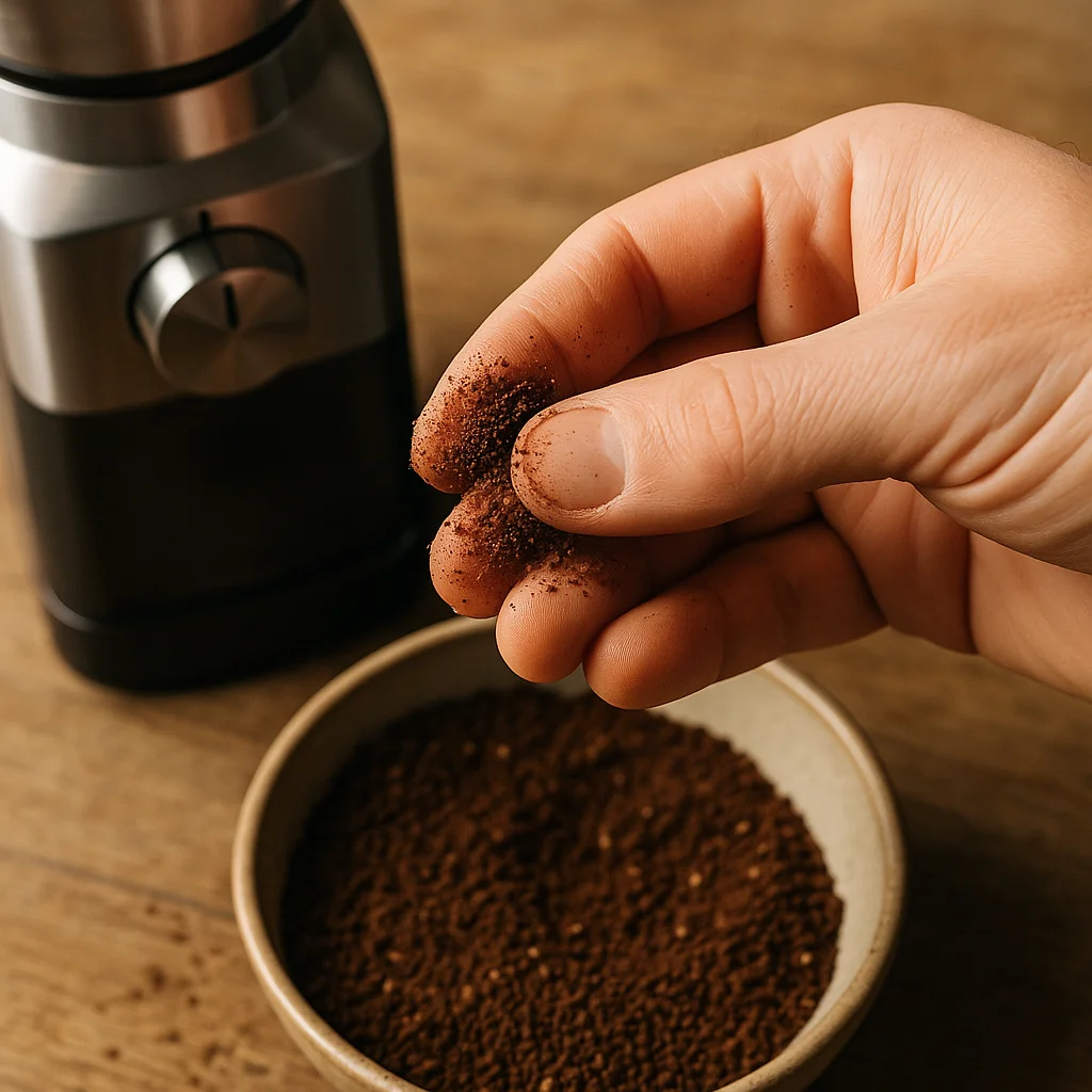 A hand with ground coffee dust on the fingertips pinches and rubs the grounds above a ceramic bowl filled with freshly ground coffee, with a stainless steel burr grinder blurred in the background on a wooden surface.