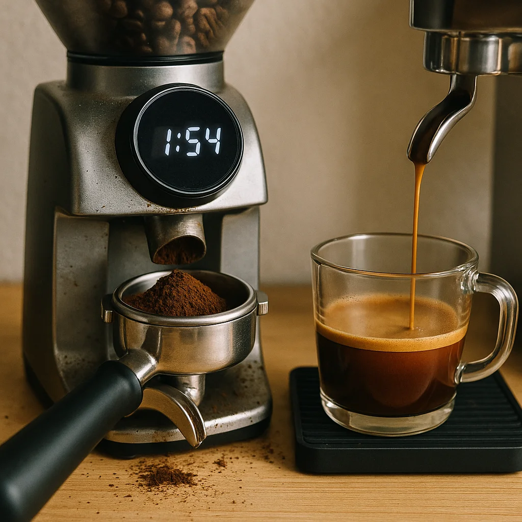 A silver burr coffee grinder with a circular digital display reading '1:54' sits beside a portafilter basket filled with ground coffee and a clear glass mug receiving a stream of dark espresso on a black drip tray, all on a wooden surface.