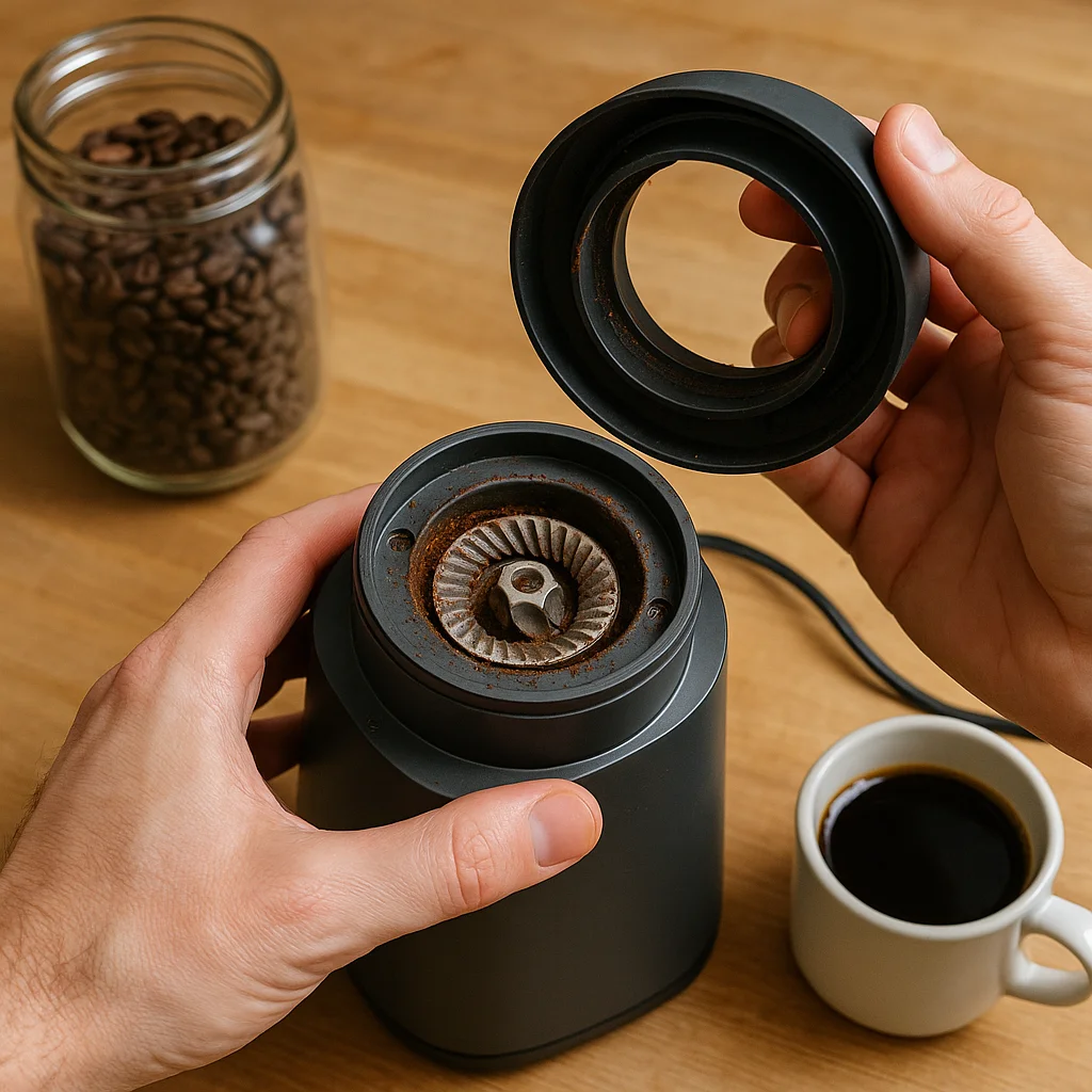 Two hands hold open a matte black electric coffee grinder, with the top burr cap lifted to expose a worn, coffee-residue-coated conical burr mechanism, a jar of whole beans and a cup of black coffee visible on a wooden surface in the background.