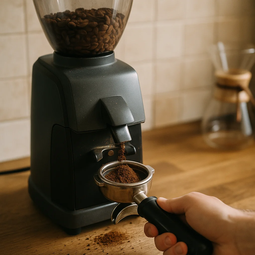 A hand holds a black-handled espresso portafilter beneath a dark electric burr grinder dispensing fresh coffee grounds onto a wooden countertop, with whole beans visible in the hopper above and a Chemex in the background.