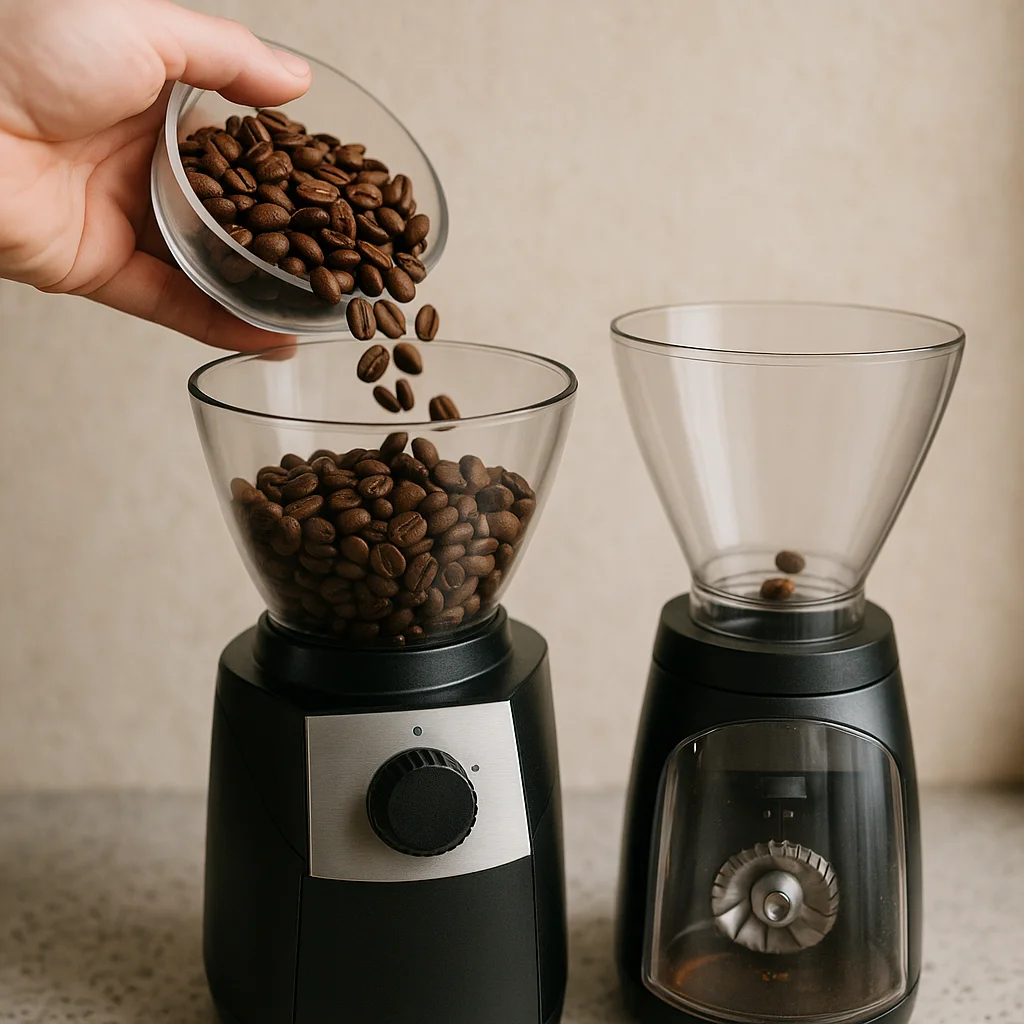 A hand pours coffee beans from a small glass bowl into the full transparent hopper of a black electric burr grinder, while a second black grinder with an almost empty hopper sits beside it on a stone countertop.