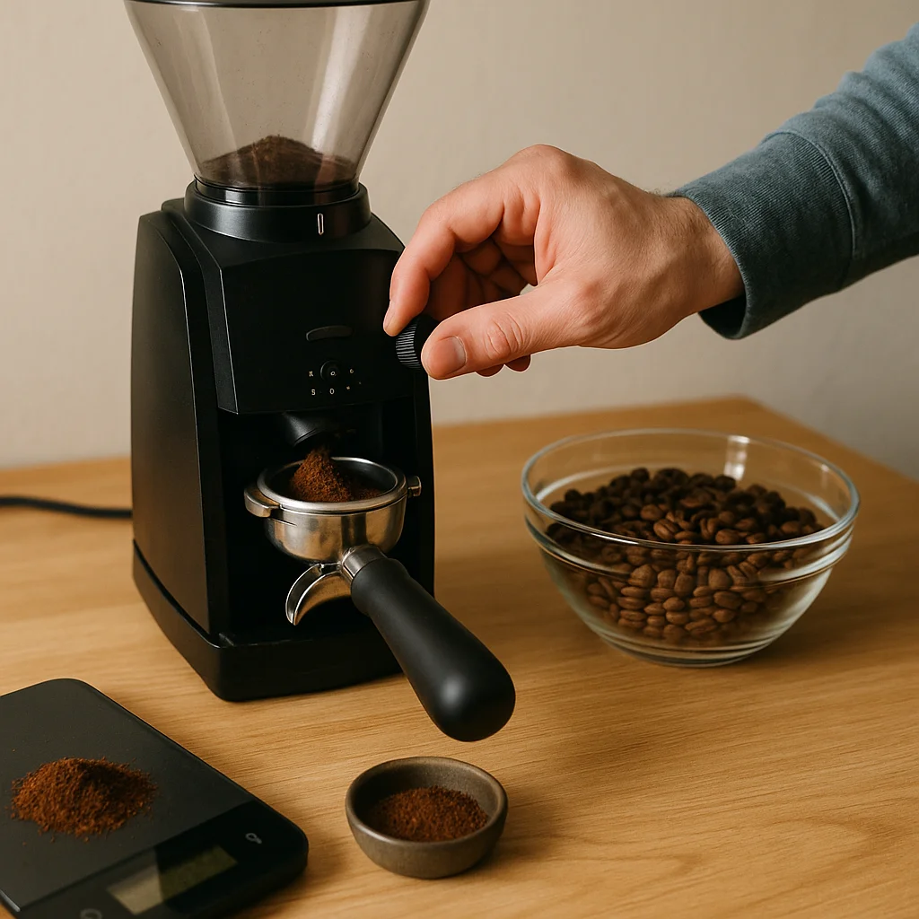 A hand adjusts a dial on a black electric burr grinder dispensing ground coffee into a portafilter basket, with a digital scale, small dish of grounds, and glass bowl of whole coffee beans on a wooden surface.