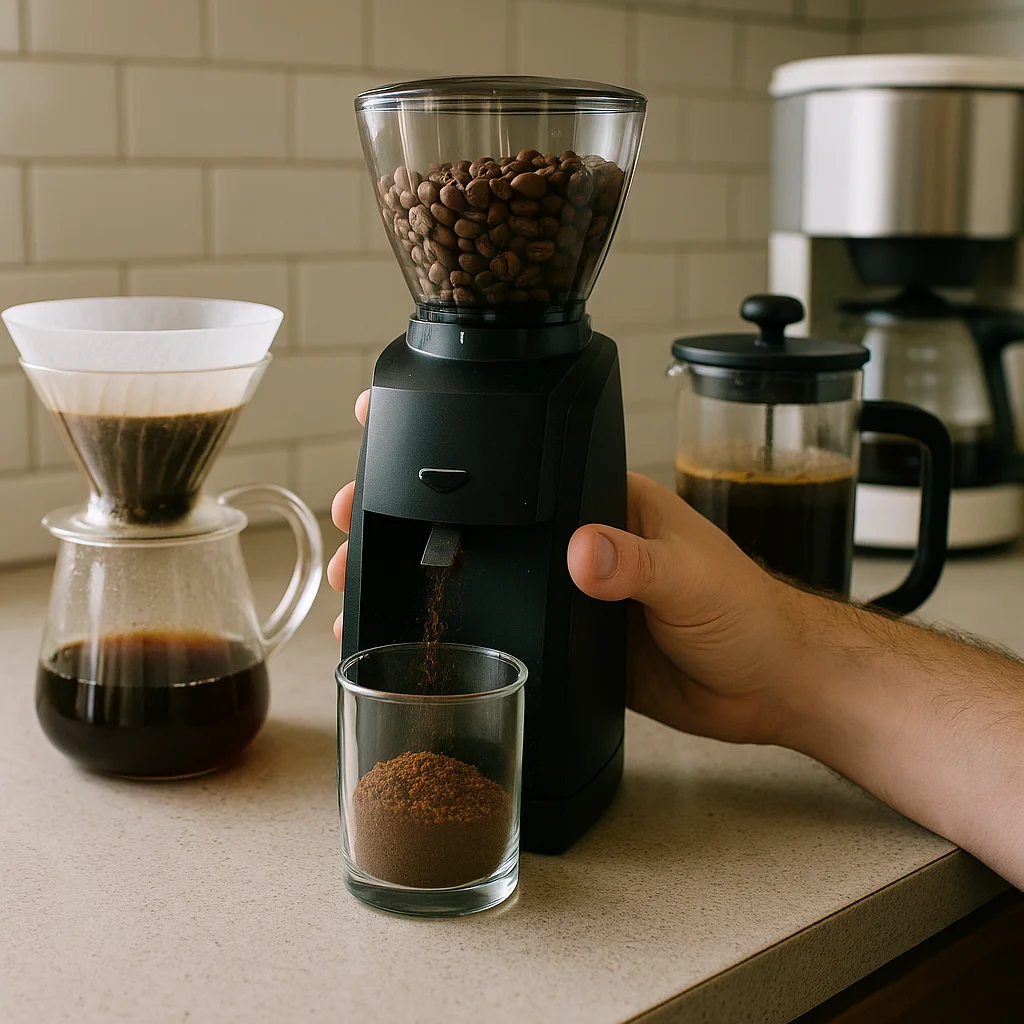 A hand holds a black burr grinder dispensing ground coffee into a glass cup on a kitchen counter, with a Chemex pour-over, French press, and drip coffee maker visible in the background.