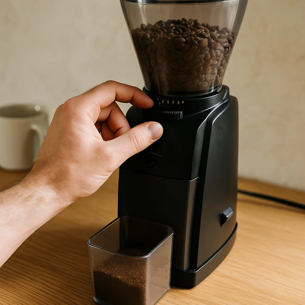 A hand adjusts the stepped grind-size collar on a black electric burr grinder sitting on a wood surface, with a full hopper of whole coffee beans above and a partially filled grounds container below.