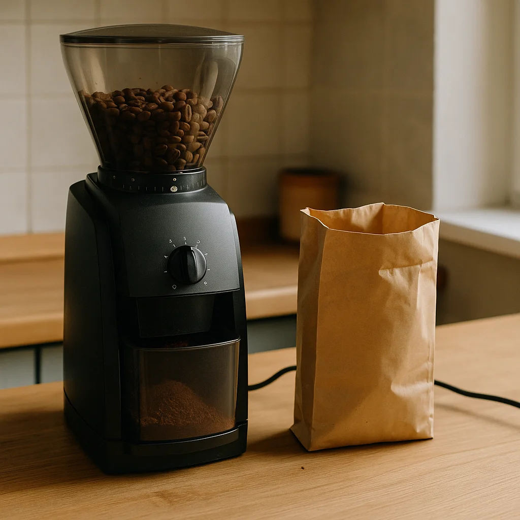 A black electric burr coffee grinder with a clear hopper half-filled with whole beans and a ground coffee catch below, sitting on a wooden countertop next to an open, unlabeled kraft paper coffee bag.