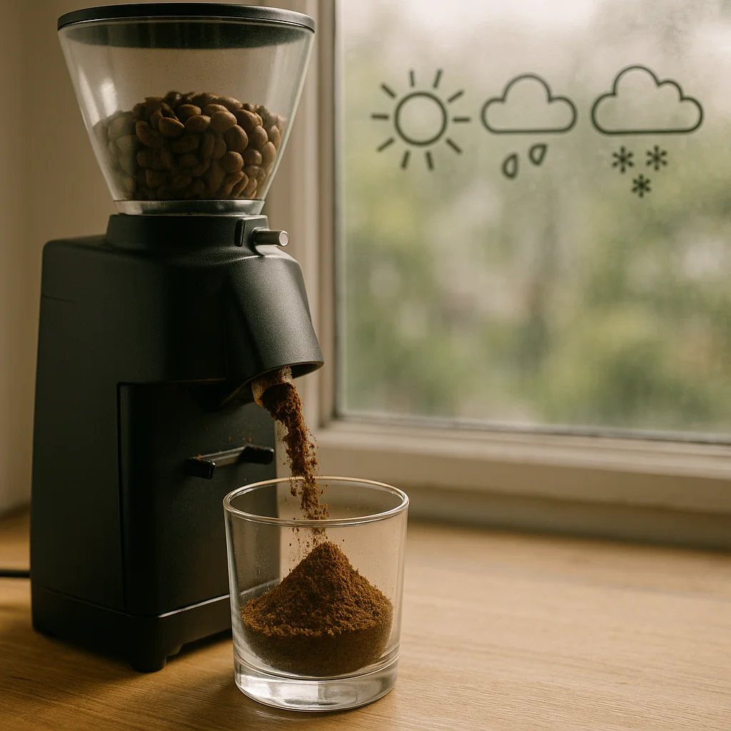 A black electric burr grinder dispensing freshly ground coffee into a clear glass cup on a wooden counter, with hand-drawn sun, rain cloud, and snow cloud icons visible on the window behind it.