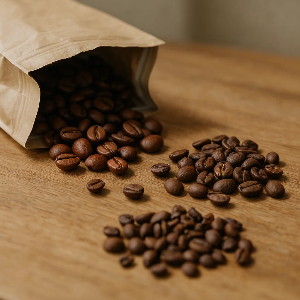 Roasted coffee beans spilling out of an open kraft paper bag onto a wooden surface, with loose beans scattered in clusters across the foreground.