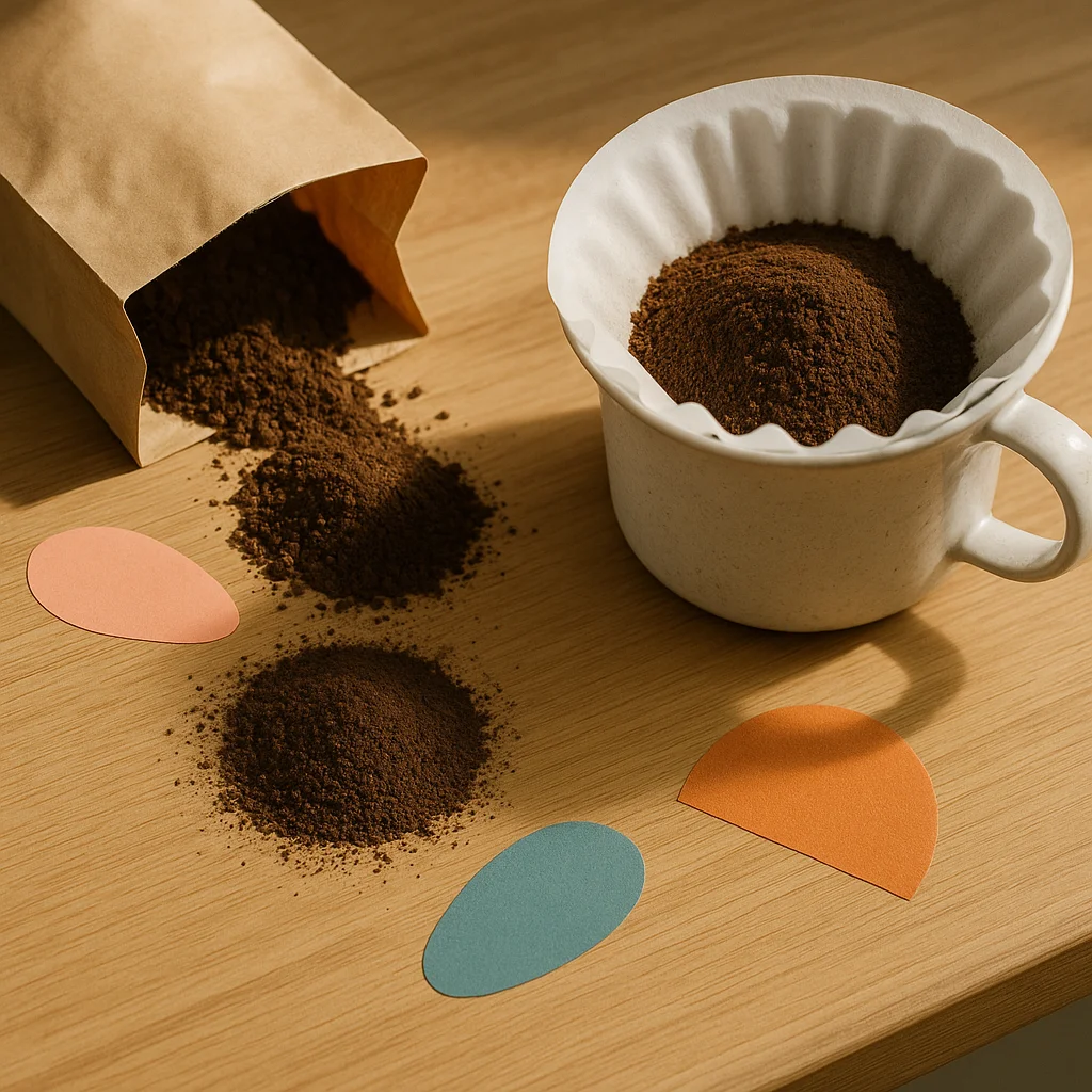 Ground coffee spilling from an open kraft paper bag onto a light wood surface in two loose piles, next to a ceramic cup holding a white rippled filter filled with coffee grounds, with small colorful paper shapes scattered around.