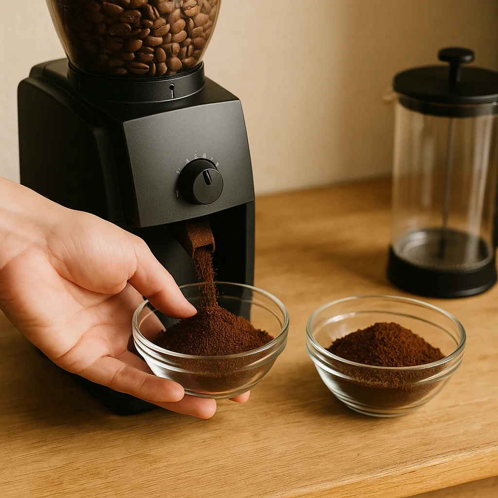 A hand holds a small clear glass bowl beneath the chute of a black electric burr grinder dispensing ground coffee, while a second identical bowl already filled with ground coffee sits on the wooden counter beside it, with a French press visible in the background.