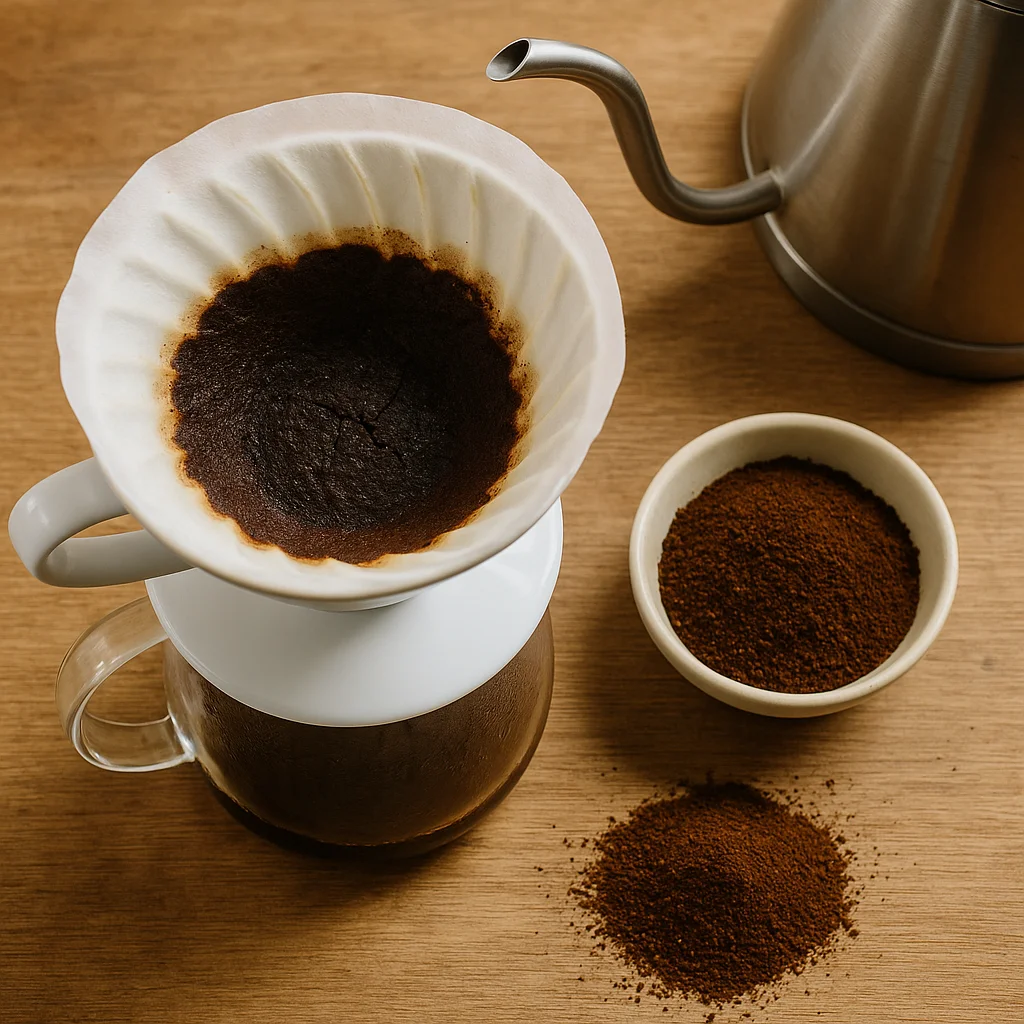 A white ceramic pour-over dripper holding a paper filter filled with dark, domed spent coffee grounds sits atop a glass carafe of brewed coffee on a wood surface, with a small ceramic bowl of fresh ground coffee and a loose pile of grounds beside it, and a stainless gooseneck kettle in the background.