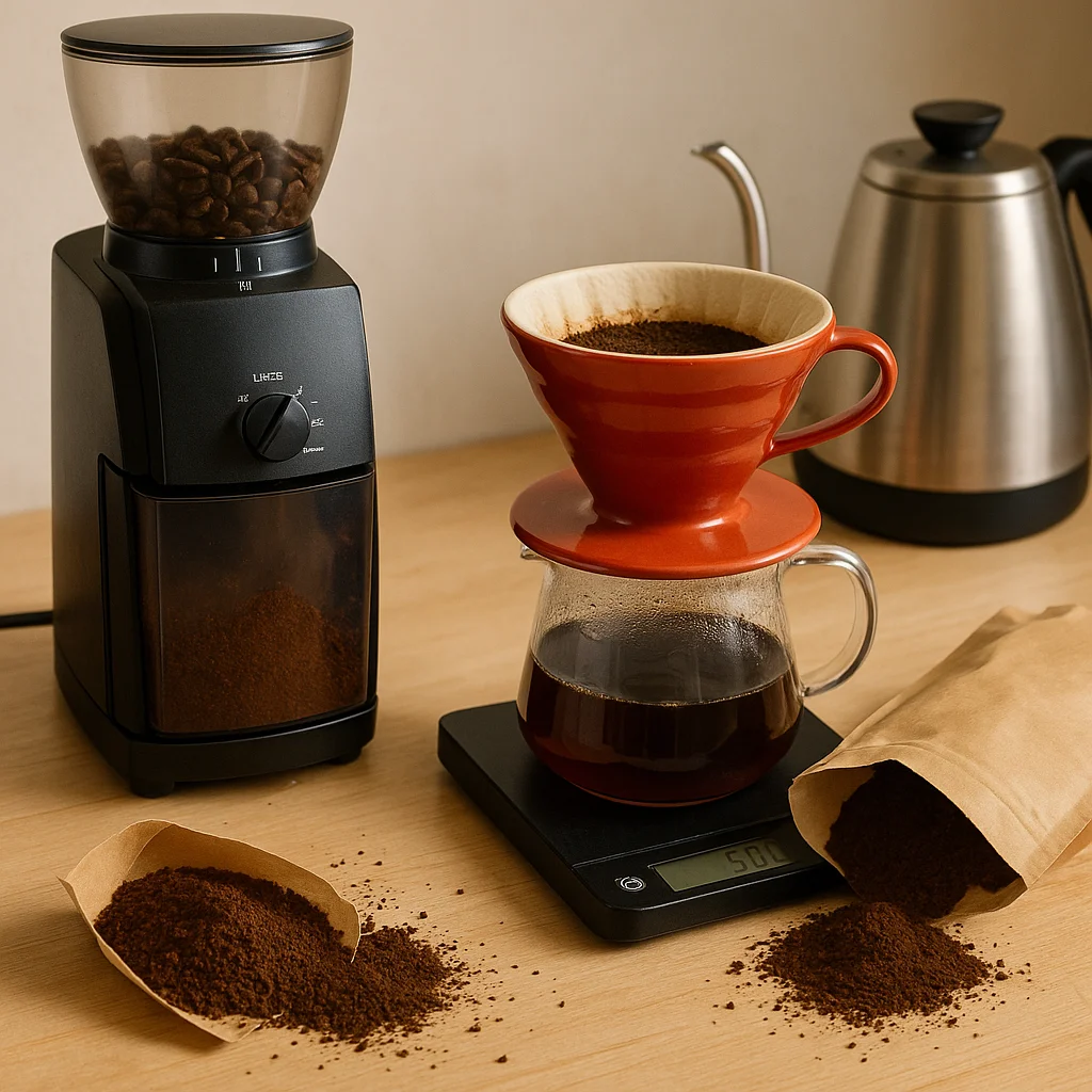A black electric burr grinder with whole beans in its hopper sits on a wood countertop beside a red ceramic V60 dripper atop a glass carafe resting on a digital scale, with two open kraft paper sleeves spilling ground coffee in the foreground and a stainless gooseneck kettle in the background.