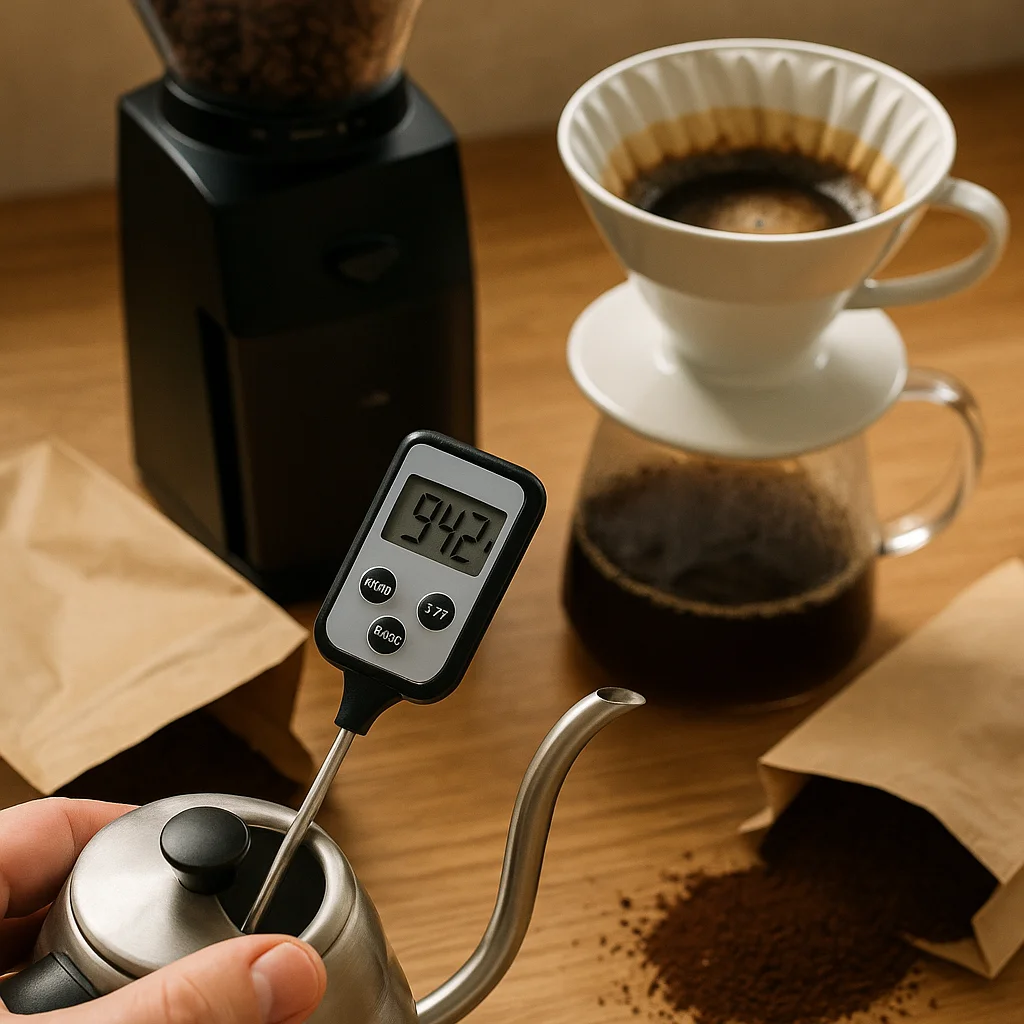 A hand holds a digital instant-read thermometer with probe inserted into a stainless gooseneck kettle in the foreground, its display reading approximately 94 degrees, with a white ceramic V60 dripper atop a glass carafe of dark brewed coffee, a black burr grinder with bean hopper, and open kraft paper coffee bags on a wood countertop in the background.