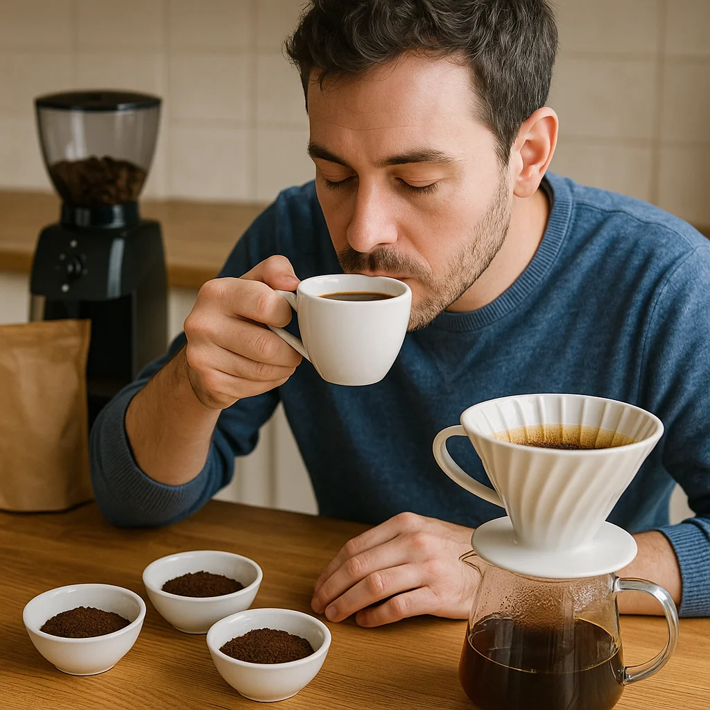 A dark-haired man in a blue sweater leans over a wooden counter, eyes half-closed, sipping black coffee from a small white ceramic cup, with three small white bowls containing varying grinds of coffee lined up in the foreground, a ceramic V60 dripper atop a glass carafe to his right, and a black electric burr grinder with a kraft paper bag visible in the background.