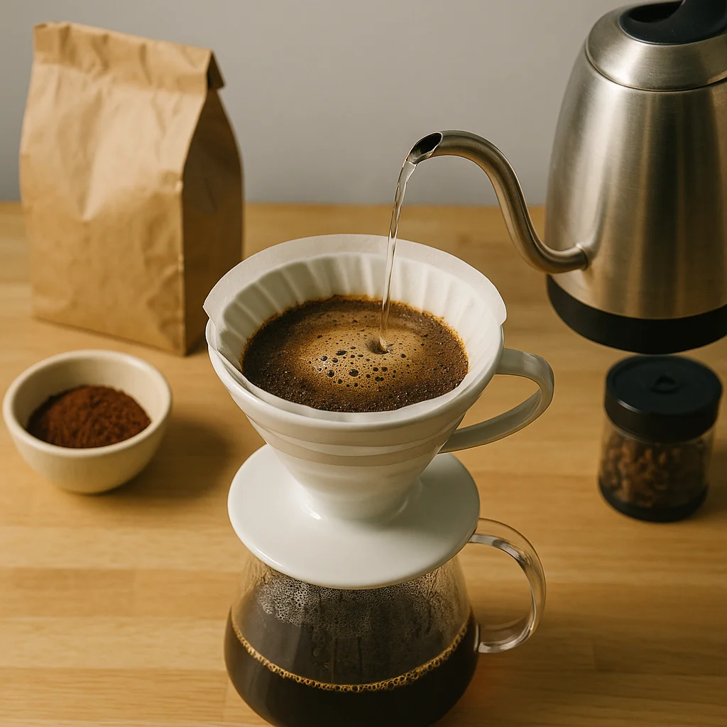 A stainless gooseneck kettle pours a thin stream of hot water into a white ceramic V60 dripper holding a paper filter filled with dark, actively blooming coffee grounds showing bubbles and foam, set atop a glass carafe of brewed coffee on a wood surface, with a small cream bowl of ground coffee to the left, a kraft paper bag in the background, and a small glass jar of coffee beans to the right.