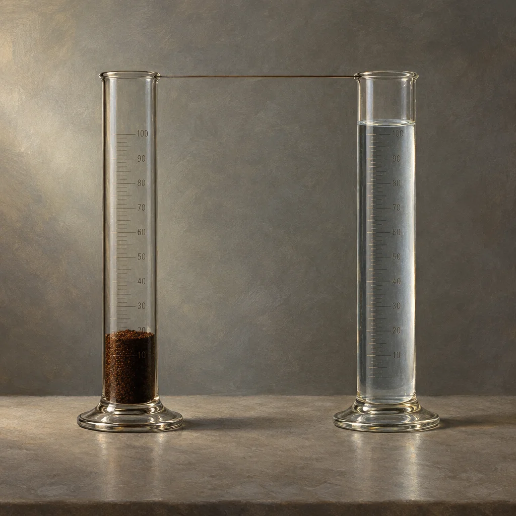 Two tall glass graduated cylinders marked 0 to 100 are connected at the top by a horizontal glass tube, the left cylinder containing a small quantity of dark granular coffee grounds near the bottom and the right cylinder containing clear water filled to approximately one third of its height, both standing on a grey stone surface against a muted grey background.