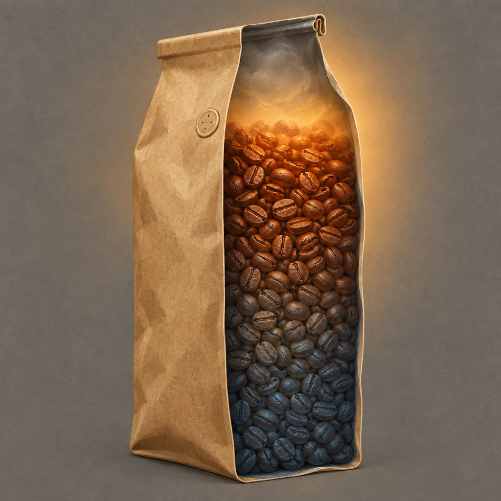 A kraft paper coffee bag shown in cutaway with coffee beans filling the transparent front panel, glowing orange and warm at the top with visible steam and transitioning through brown to dark blue-grey at the bottom, against a neutral grey background.