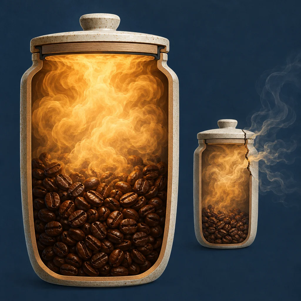 Two ceramic-cased glass jars filled with roasted coffee beans against a dark blue background, the large jar sealed with a wooden-rimmed lid containing swirling golden gas, and the smaller jar cracked at its side with white smoke escaping into the air.