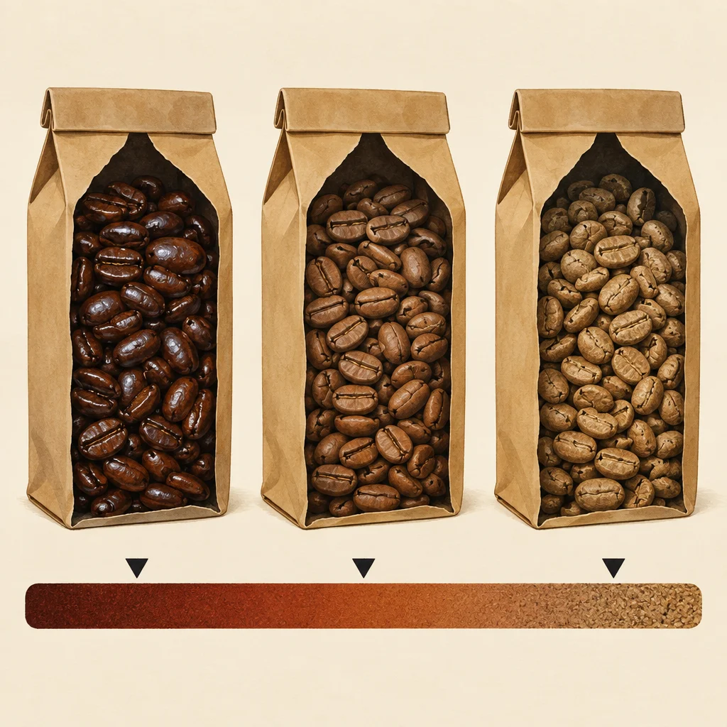 Three identical kraft paper bags with arch-shaped transparent windows stand side by side, each containing coffee beans that progress from very dark and oily on the left through medium brown in the center to pale and dry on the right, with a horizontal color gradient bar beneath each bag indicating roast level from dark red-brown to tan.