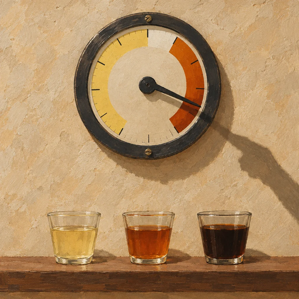 A round analog gauge with a dark metal bezel mounted on a tan textured wall shows a single needle pointing into an orange-brown arc zone, above a wooden shelf holding three squat glasses containing liquids that progress from pale gold on the left through medium amber in the center to nearly opaque dark brown on the right.