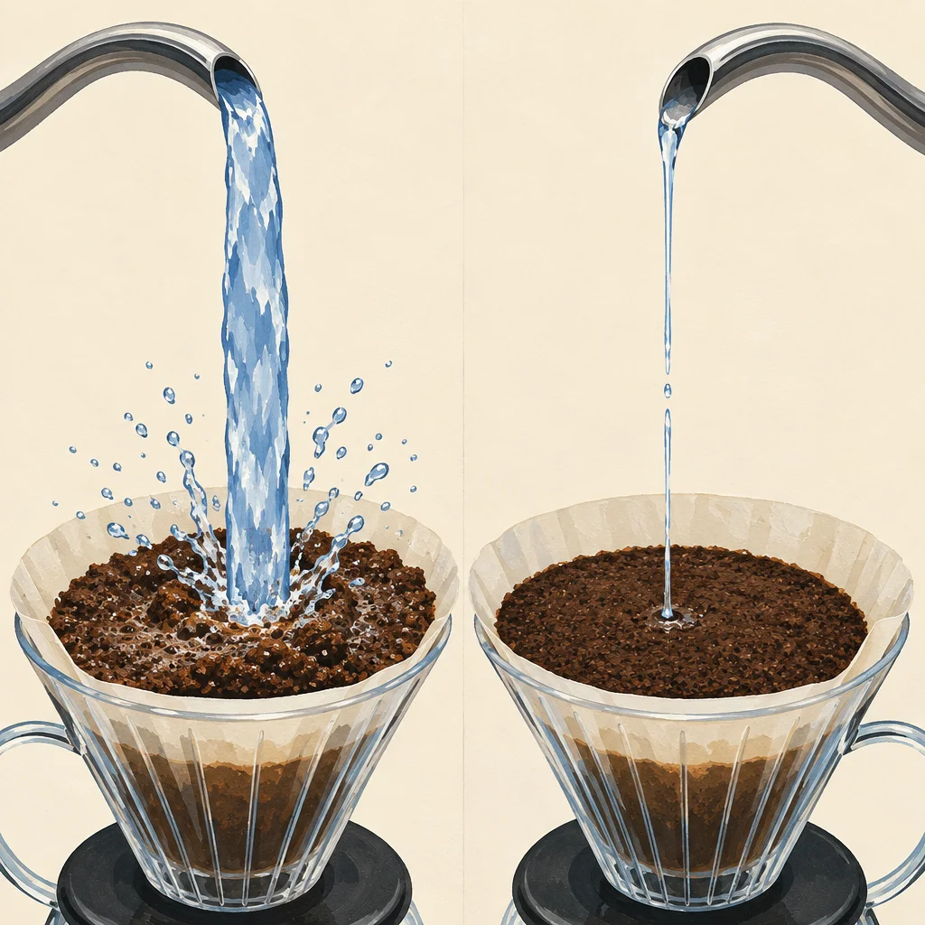 A split composition shows two identical glass V60 drippers with paper filters holding dark coffee grounds, the left receiving a thick turbulent stream of water that splashes and scatters droplets, and the right receiving a single thin precise trickle from a gooseneck spout, both set over glass carafes on a cream background.
