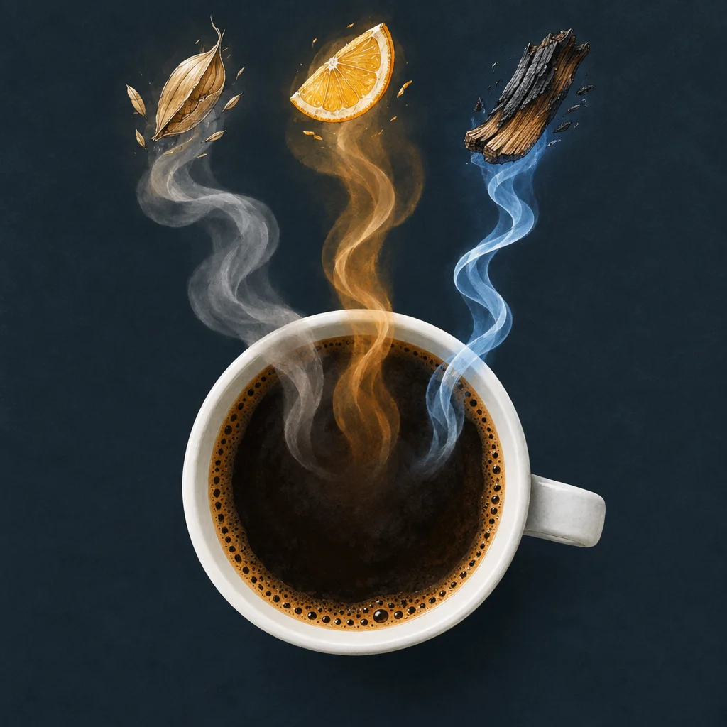 An overhead view of a white ceramic mug filled with dark black coffee and a light foam ring, with three separate wavy steam trails rising from the surface and curling upward toward three floating objects: dried seed pods on the left, an orange citrus wedge in the center, and a piece of dark charred wood on the right, all set against a deep navy background.