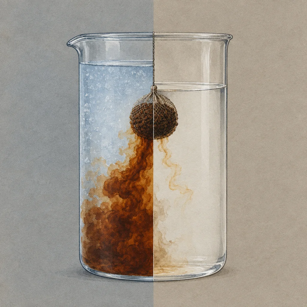 A glass laboratory beaker is divided vertically into two halves, the left half filled with cold blue bubbly water showing a dense dark brown extraction plume spreading from a suspended mesh ball, and the right half filled with still clear water showing only faint pale wisps from the same mesh ball.