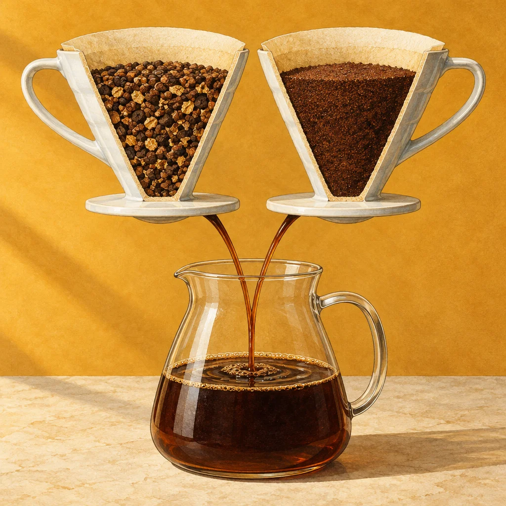 Two white ceramic pour-over drippers shown in cross-section float above a glass carafe on a marble surface against an ochre wall, the left dripper filled with coarse irregular coffee chunks and the right with fine dark ground coffee, each draining a thin stream of brewed coffee into the same partially filled glass carafe below.
