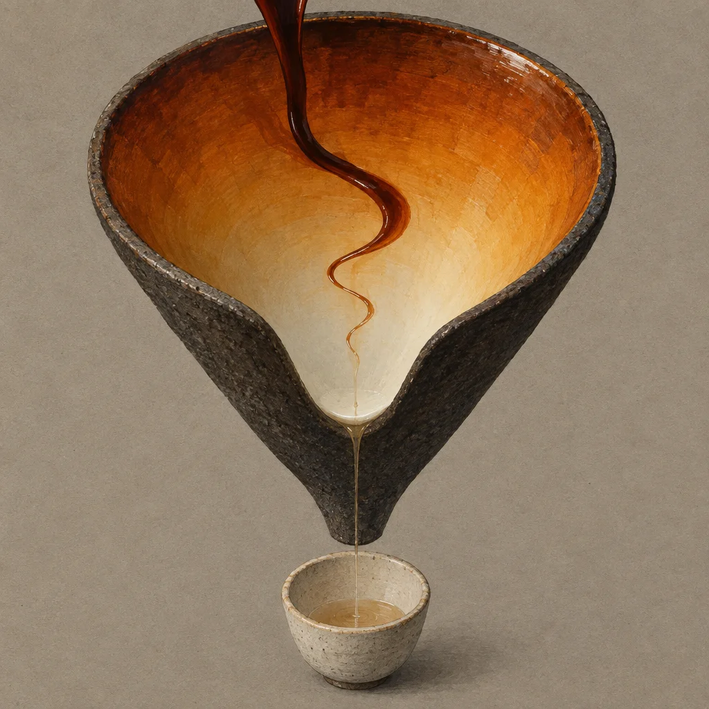 A wide stone funnel with a warm amber interior receives a thick dark liquid stream from above, which spirals and fades into a thin pale drizzle exiting the narrow bottom spout into a small ceramic cup below.