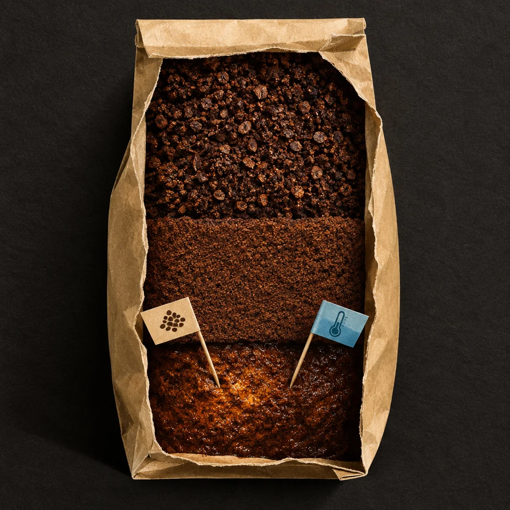 A kraft paper bag shown from above in cutaway cross-section contains three horizontal layers of coffee progressing from coarse dark granules at the top to fine medium-brown grounds in the middle to a dense caramelized sticky bottom layer, with two small toothpick flags planted in the bottom layer, one tan bearing a dot-cluster icon and one blue bearing a thermometer icon, against a black background.