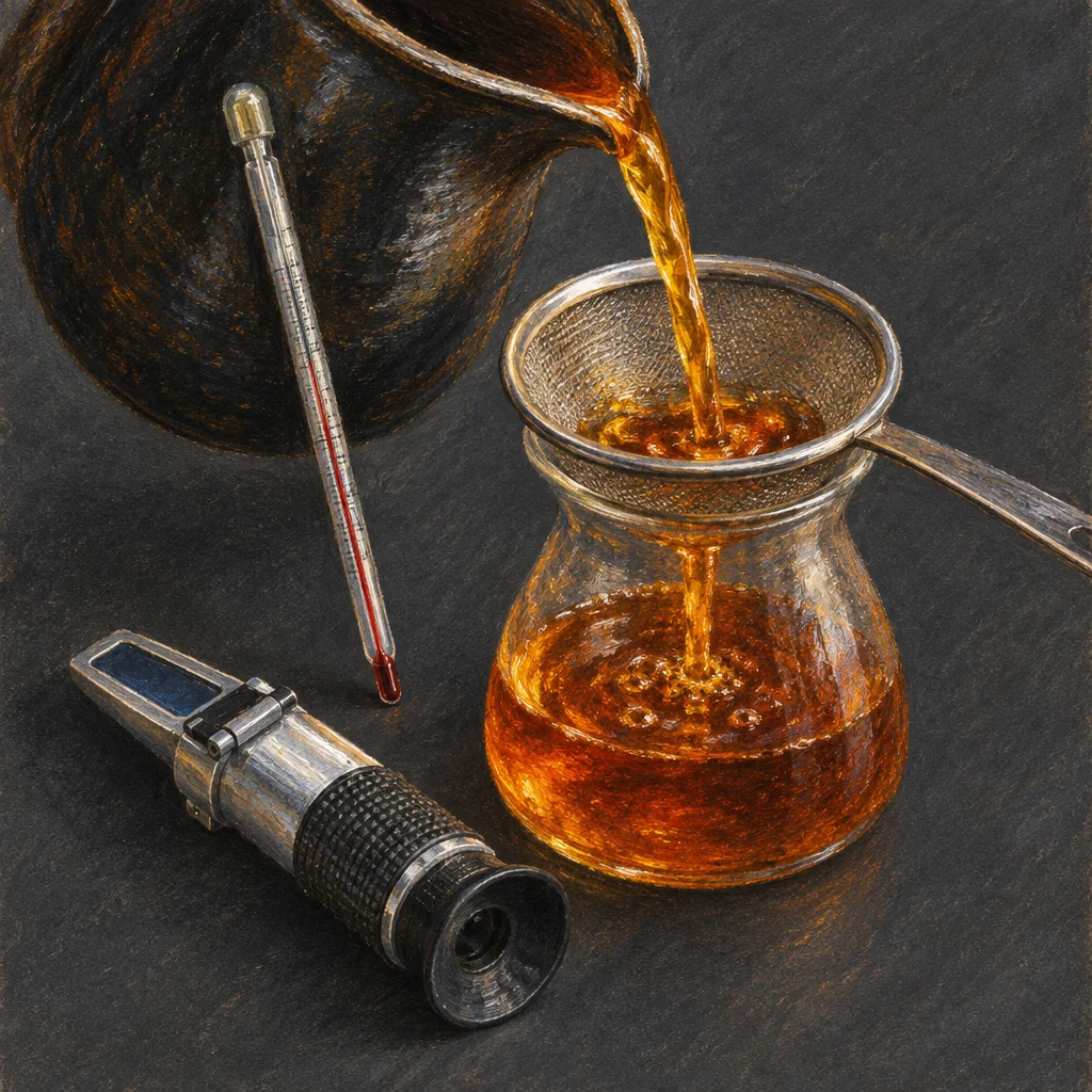A dark painted still life shows amber coffee being poured from a dark kettle through a mesh strainer into a round glass carafe, with a mercury thermometer leaning against the kettle and a handheld refractometer lying on the slate surface in the foreground.