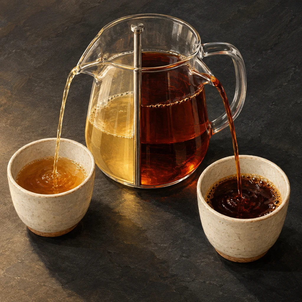 A clear glass carafe with an internal vertical divider holds two side-by-side liquids, pale golden on the left and deep amber-brown on the right, each streaming simultaneously into its own small speckled ceramic cup on a dark slate surface.