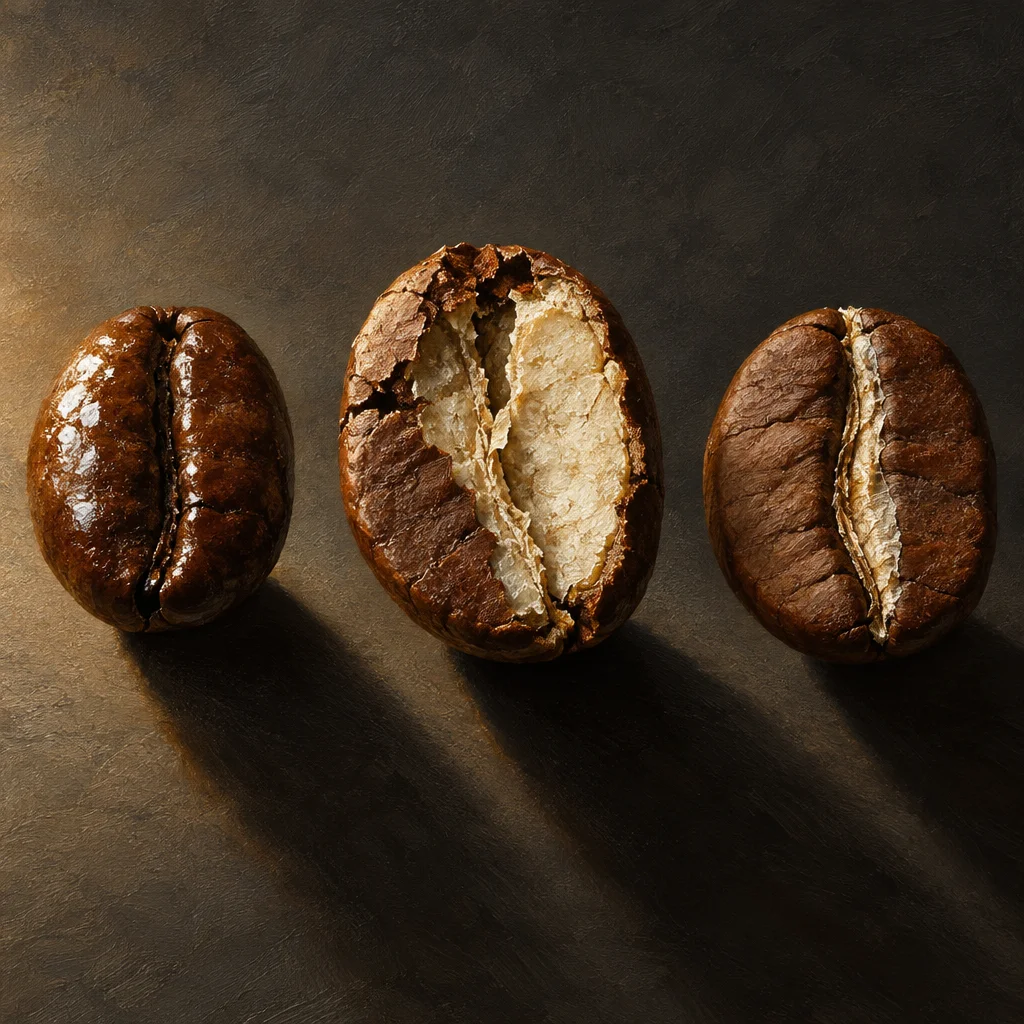Three large roasted coffee beans arranged in a row on a dark textured surface, the left bean intact and glossy dark brown, the center bean cracked open along its seam exposing a pale tan fibrous interior, and the right bean partially open showing cream-colored tissue along the crease, all casting long shadows under raking warm light.