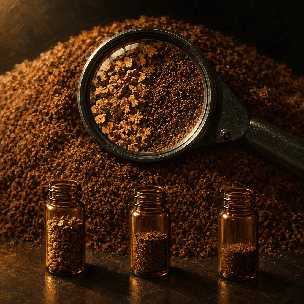 A large mound of brown coffee grounds fills the frame behind a magnifying glass whose lens reveals enlarged irregular jagged particles mixed with fine dust, while three small amber glass vials in the foreground each contain coffee grounds at visibly different coarseness levels from chunky to powdery.