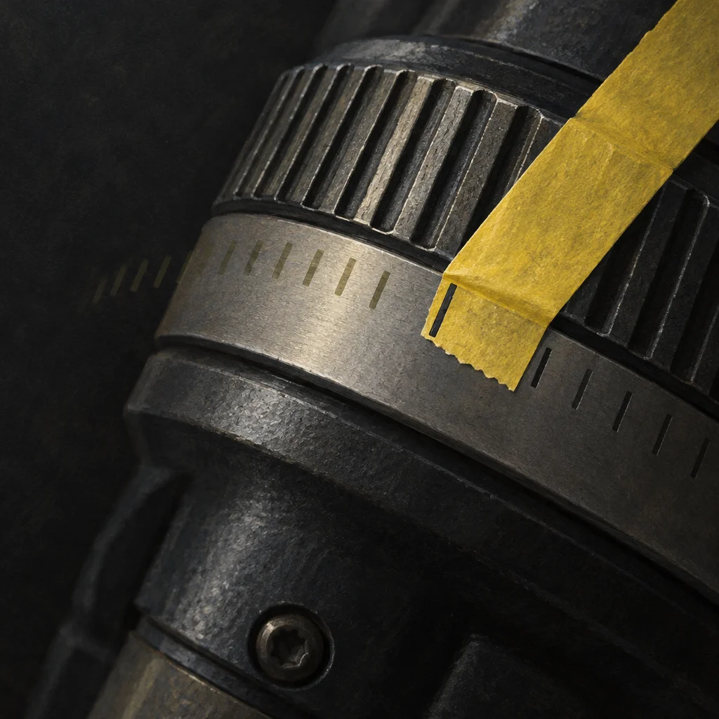 An extreme close-up of a dark metal burr grinder body shows a knurled adjustment collar with a brushed steel calibration band bearing evenly spaced tick marks, across which a diagonal strip of torn yellow masking tape is affixed as a position marker, with a hex bolt visible on the lower housing.