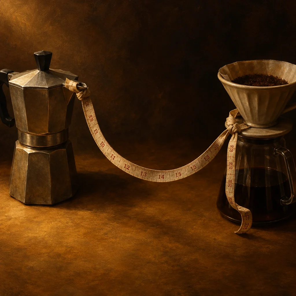 A vintage aluminum moka pot on the left and a ceramic pour-over dripper seated on a glass carafe on the right are connected by a fabric measuring tape tied around each, the tape hanging in a loose arc across a warm amber-brown surface against a dark background.