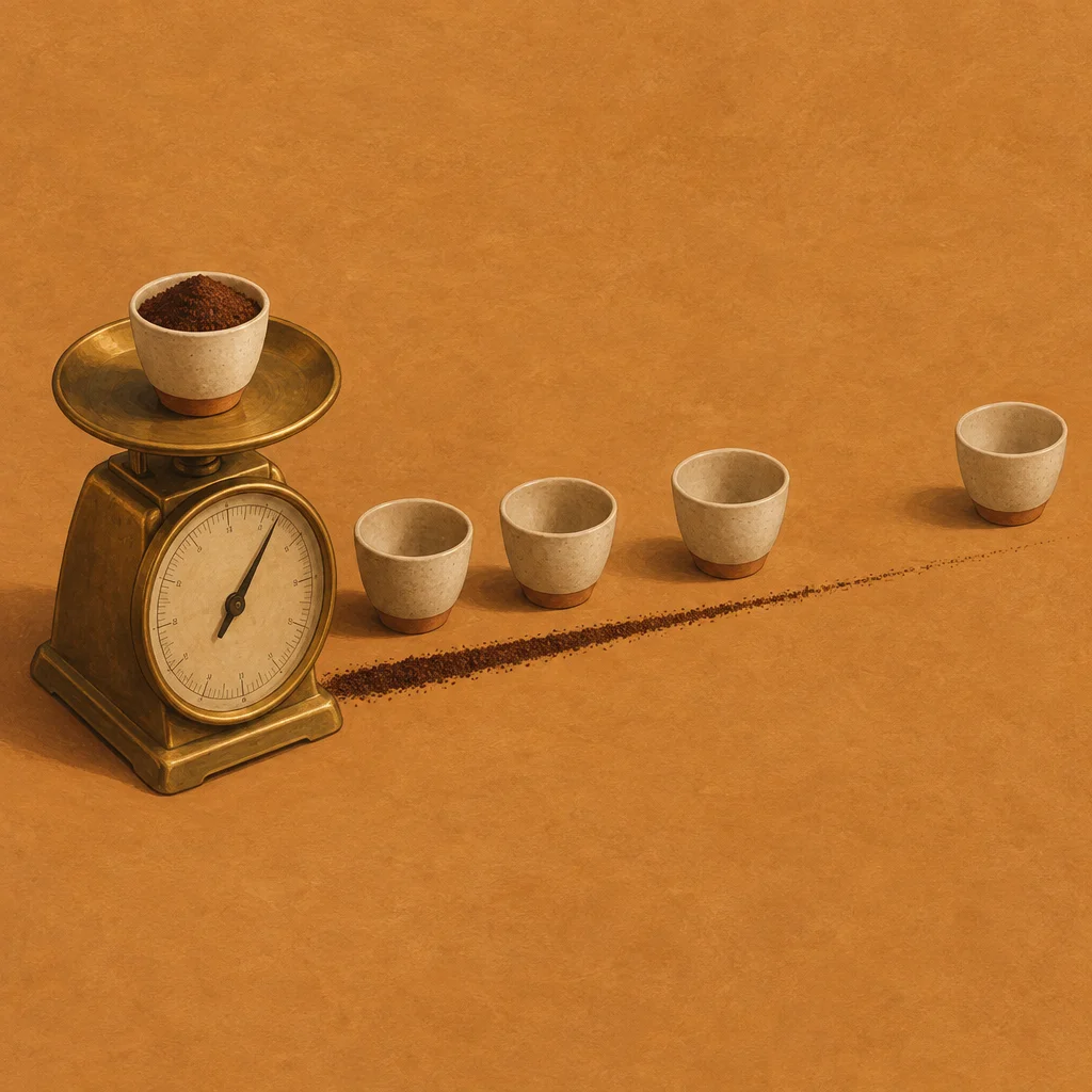 A brass analog kitchen scale on the left holds a small speckled ceramic cup filled with brown coffee grounds on its weighing platform, while four identical empty speckled ceramic cups are arranged in a receding diagonal line to the right, with a thin trail of scattered coffee grounds connecting the scale base to the farthest cup, all set against a warm amber-orange background.