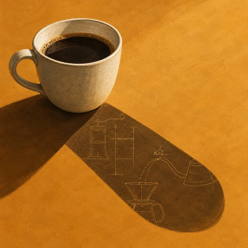 A white speckled ceramic mug filled with black coffee sits on a warm amber surface, casting a long elliptical shadow that contains fine-line technical illustrations of a hand grinder, a water level graph with a wavy line, a gooseneck kettle pouring at an angle into a pour-over dripper set over a carafe.
