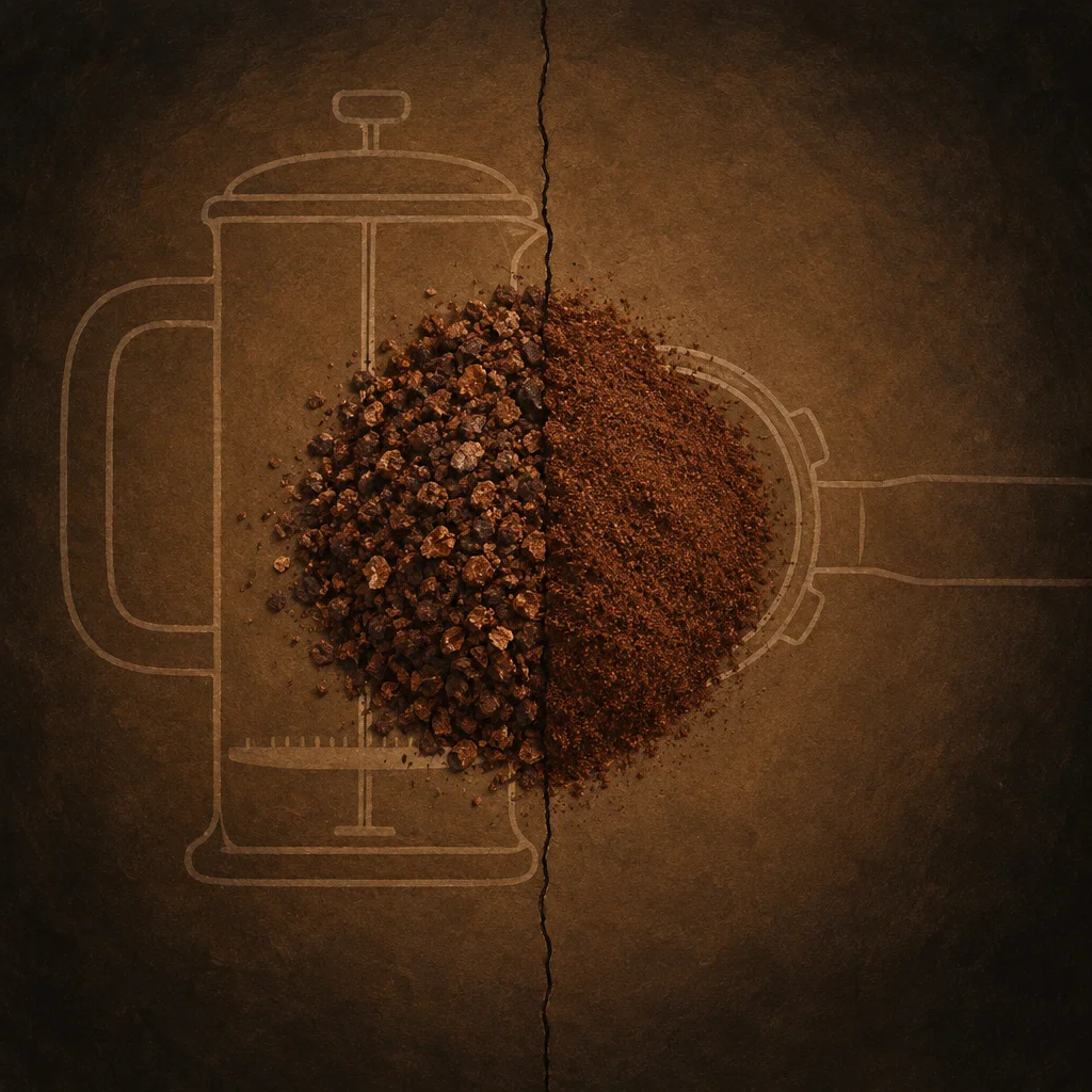 A top-down view of a mound of coffee grounds split down the center by a vertical crack, the left half showing coarse irregular dark chunks overlaid on an etched French press diagram and the right half showing fine reddish-brown powder overlaid on an etched espresso portafilter diagram, all on a dark brown textured surface.