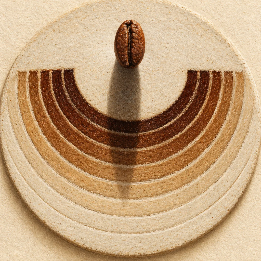 A single roasted coffee bean stands upright at the top center of a circular disc bearing concentric semicircular bands that shift from deep brown near the bean to pale sand at the outer rim, all set on a cream textured surface.