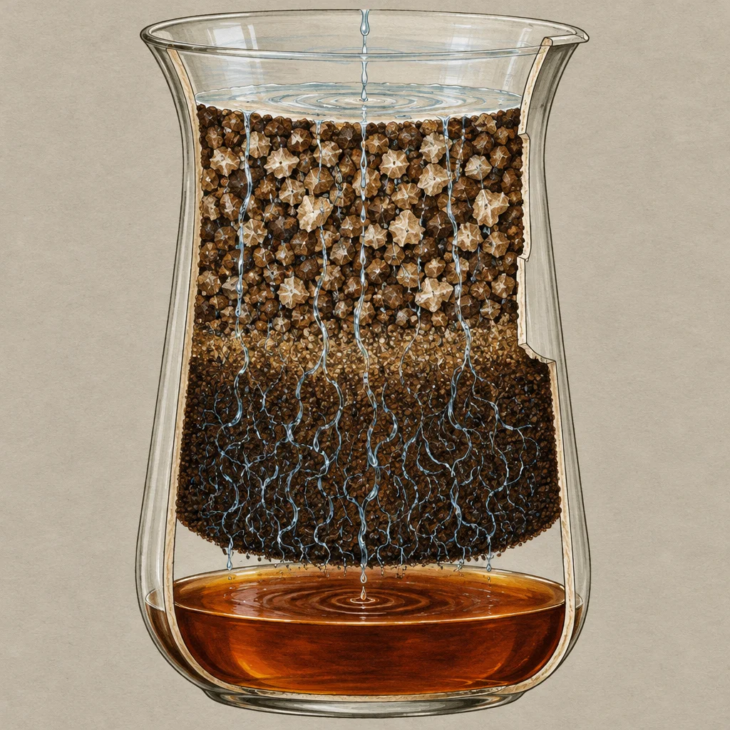 A cutaway glass brewer reveals a dense bed of coffee grounds with large irregular star-shaped coarse particles at the top and smaller fine granules below, through which thin streams of water descend in winding uneven paths before dripping into a pool of amber brewed coffee at the base.