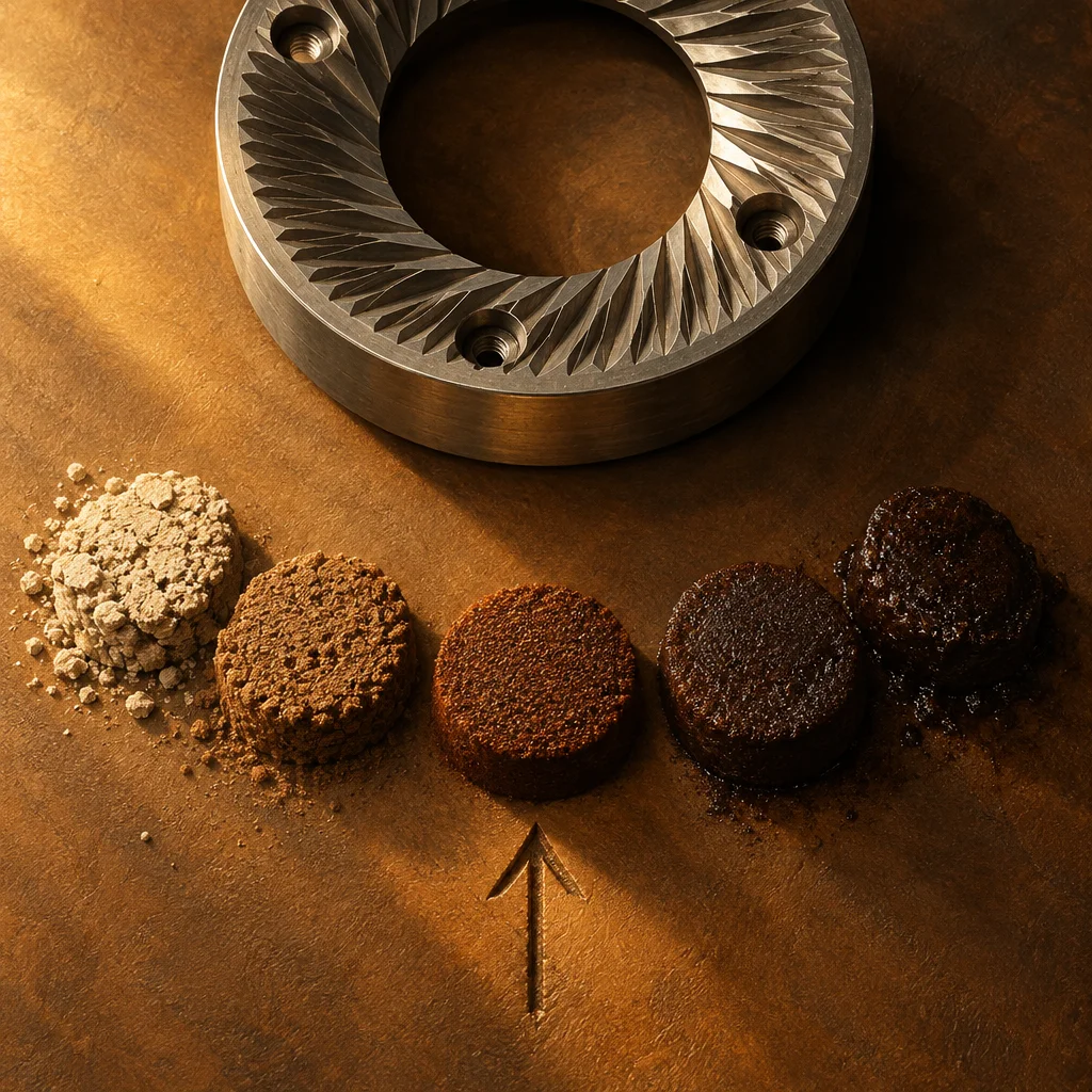 A circular steel burr grinder disc sits in the upper portion of the frame above a horizontal sequence of five coffee grind samples arranged on a warm brown surface, beginning with loose pale tan powder on the far left and transitioning through progressively darker and more compressed disc-shaped pucks toward the far right, with an upward arrow etched into the surface beneath the middle sample.