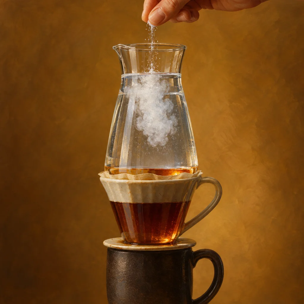 A hand from the upper frame sprinkles fine white granules into a clear glass pour-over kettle filled with water, which sits atop a ceramic wave dripper holding a paper filter over a glass cup filled with brewed coffee, which in turn rests on a dark ceramic mug, all against a warm amber-brown background.