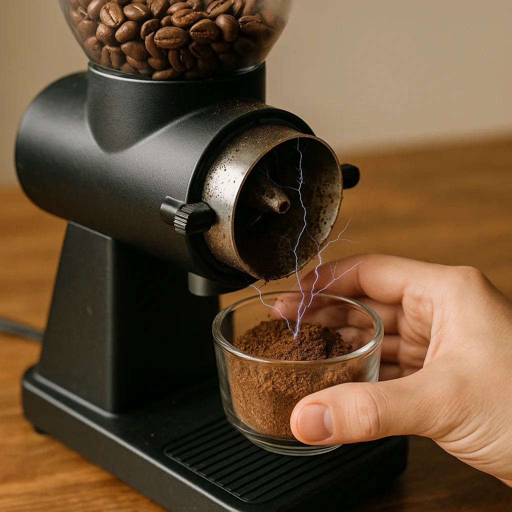A hand holds a small glass bowl catching freshly ground coffee beneath a black burr grinder's chute, with visible blue electric sparks/static discharge arcing between the chute and the grounds.