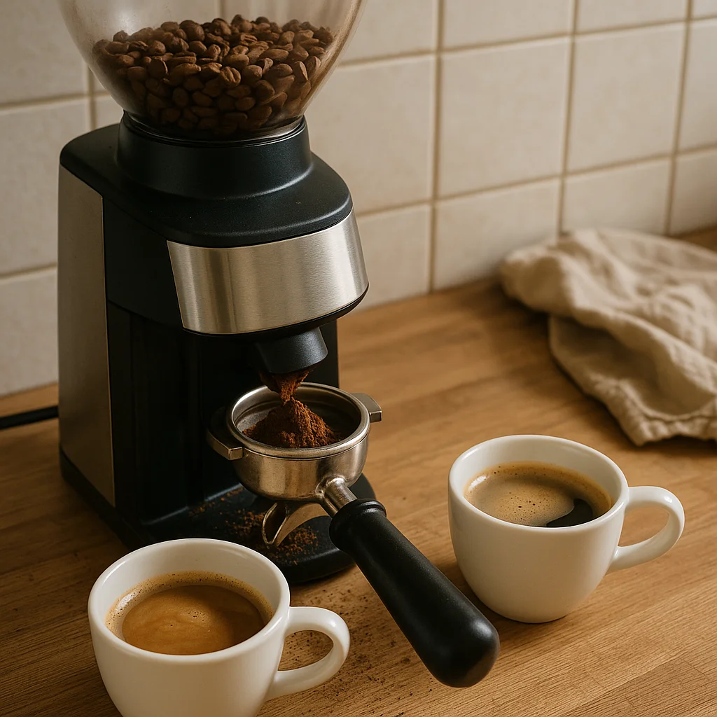 A black and silver burr grinder with a glass bean hopper dispenses fresh grounds into a stainless portafilter on a wooden countertop, flanked by two white espresso cups filled with pulled shots, with a linen cloth in the background against white tile.